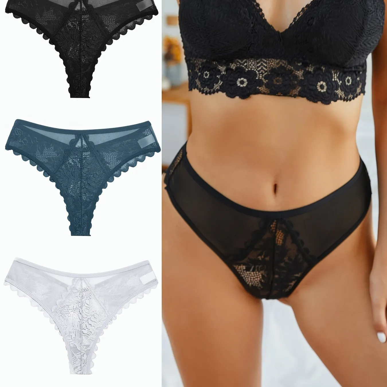 3-Piece Womens Lingerie Set - Sexy, Breathable, Semi-Sheer Thong with Lacy Trim
