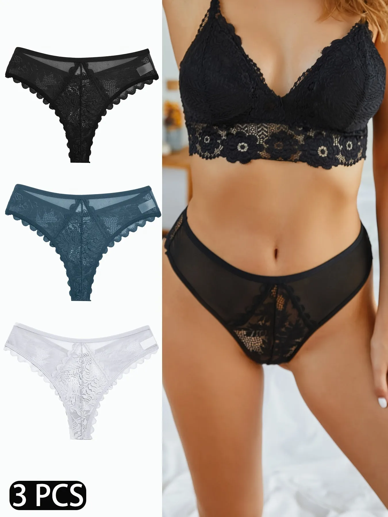 3-Piece Womens Lingerie Set - Sexy, Breathable, Semi-Sheer Thong with Lacy Trim