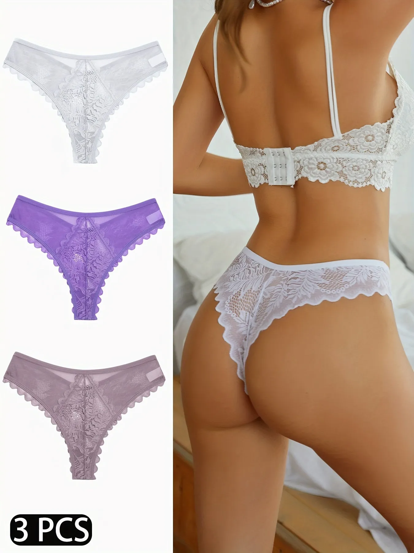 3-Piece Womens Lingerie Set - Sexy, Breathable, Semi-Sheer Thong with Lacy Trim