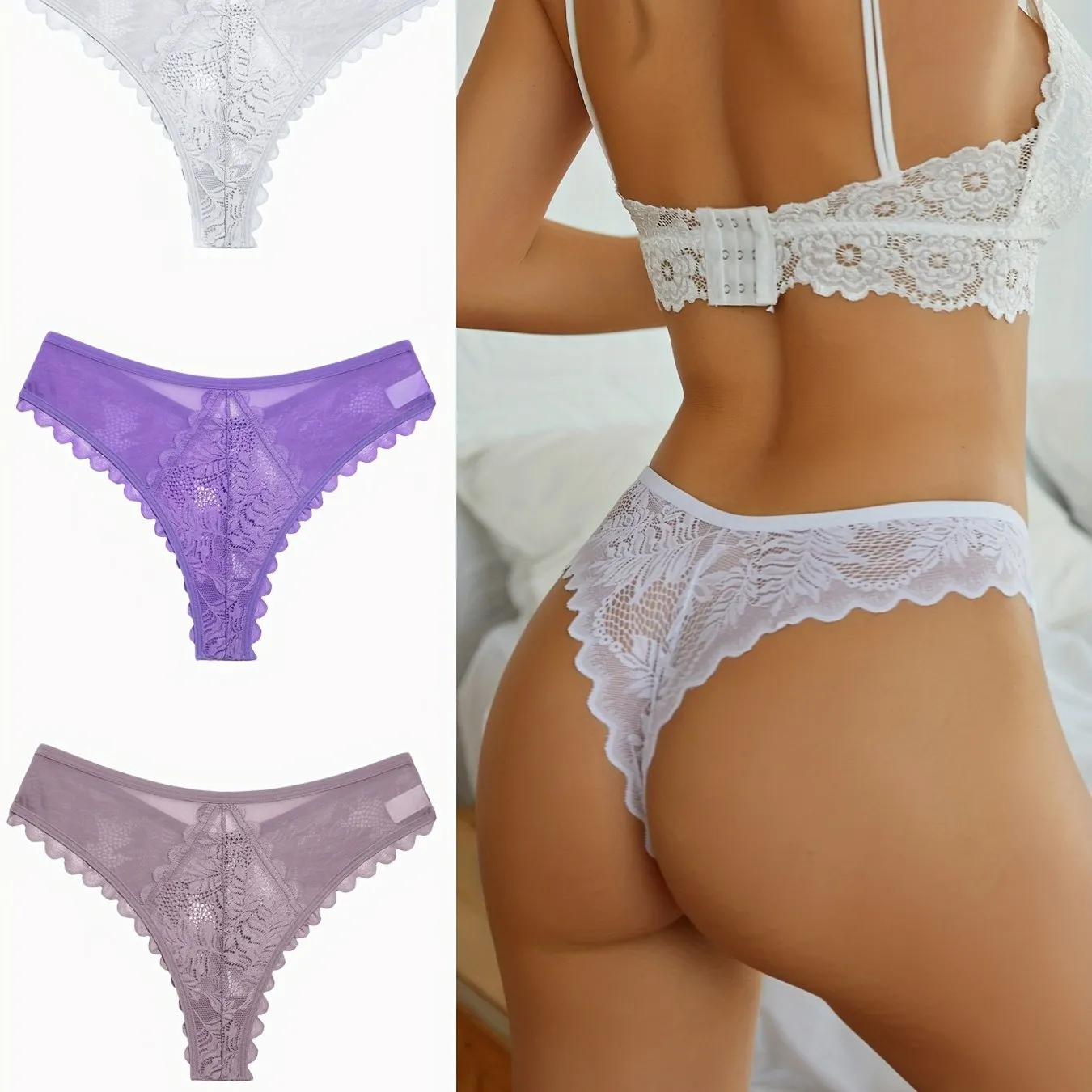 3-Piece Sexy Lacy Trim Briefs Set – Breathable Semi-Sheer Thong Women's Lingerie