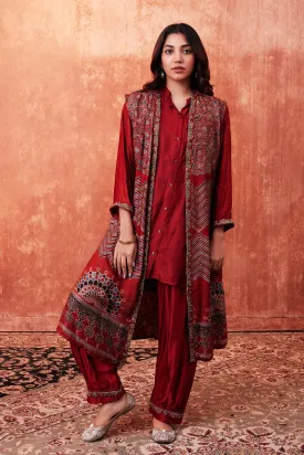 Cherry Red Ajrakh Printed Habutai Silk Cape Co-Ord Set