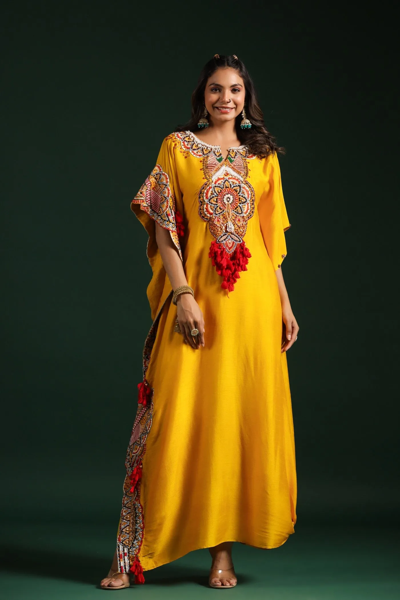 Festive Yellow Embellished Kaftan Pants Set