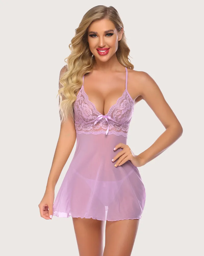 Lace Floral Print Halter V Neck Babydoll