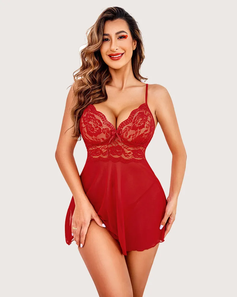 Lace Floral Print Halter V Neck Babydoll