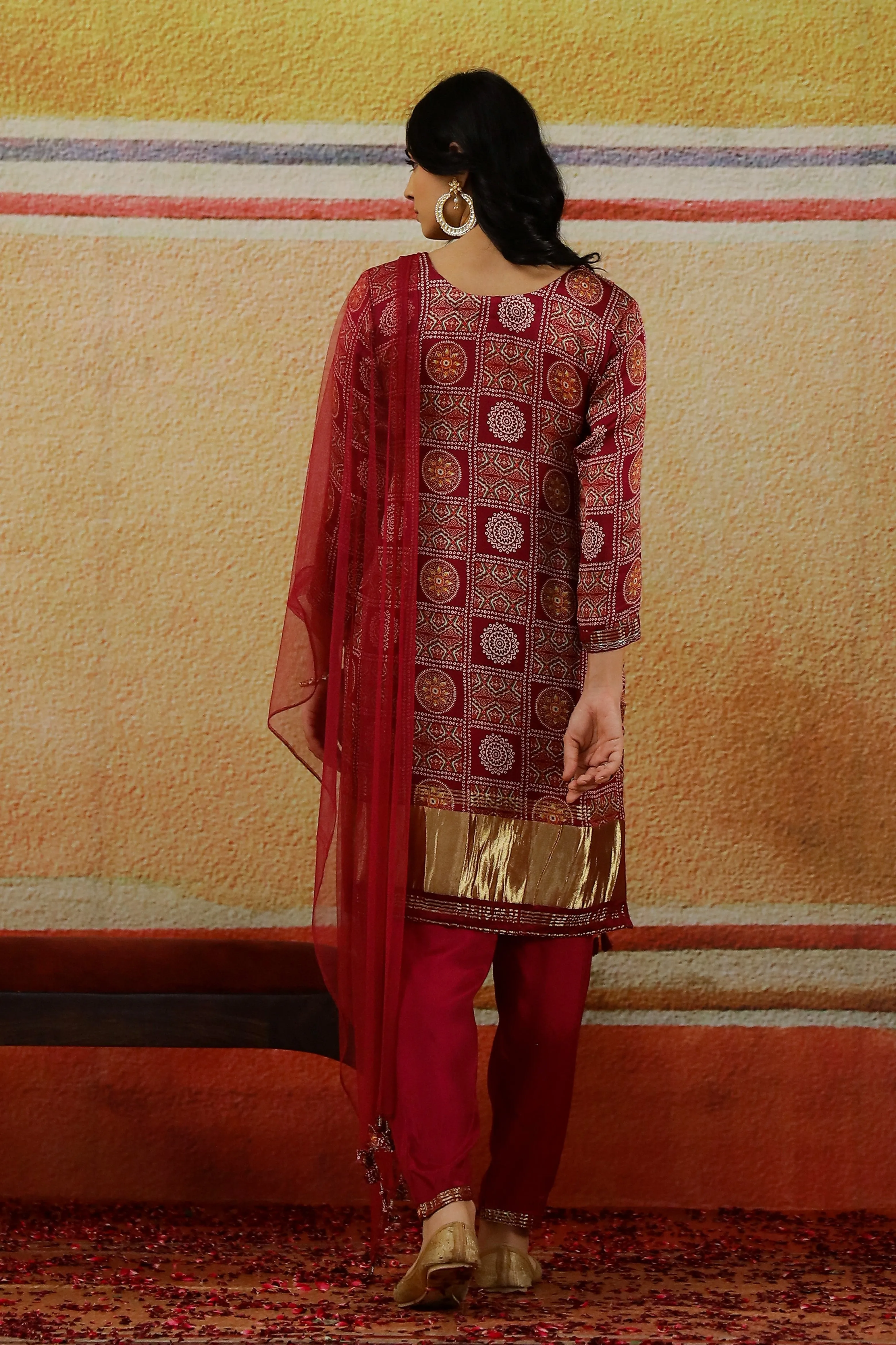 Maroon Traditional Printed Satin Silk Pants Set
