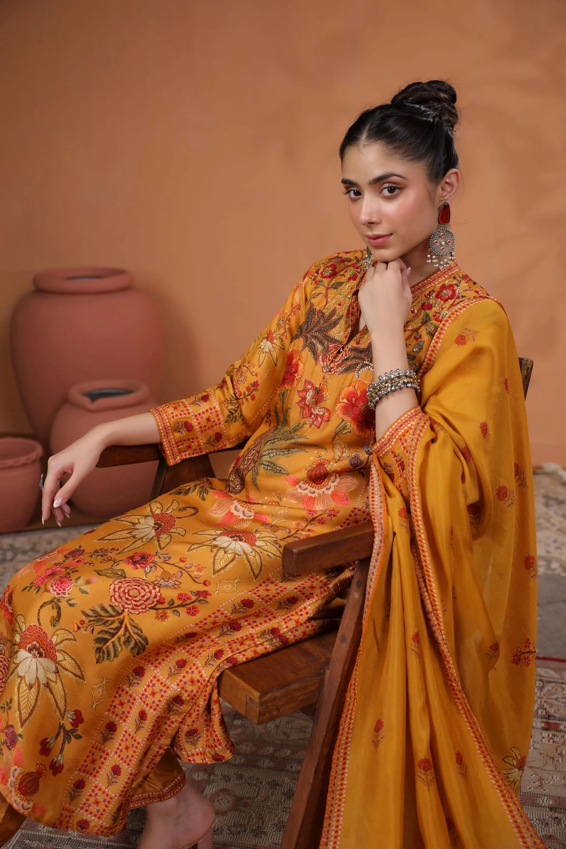 Mustard Traditional Printed Tussar Silk Pants Set