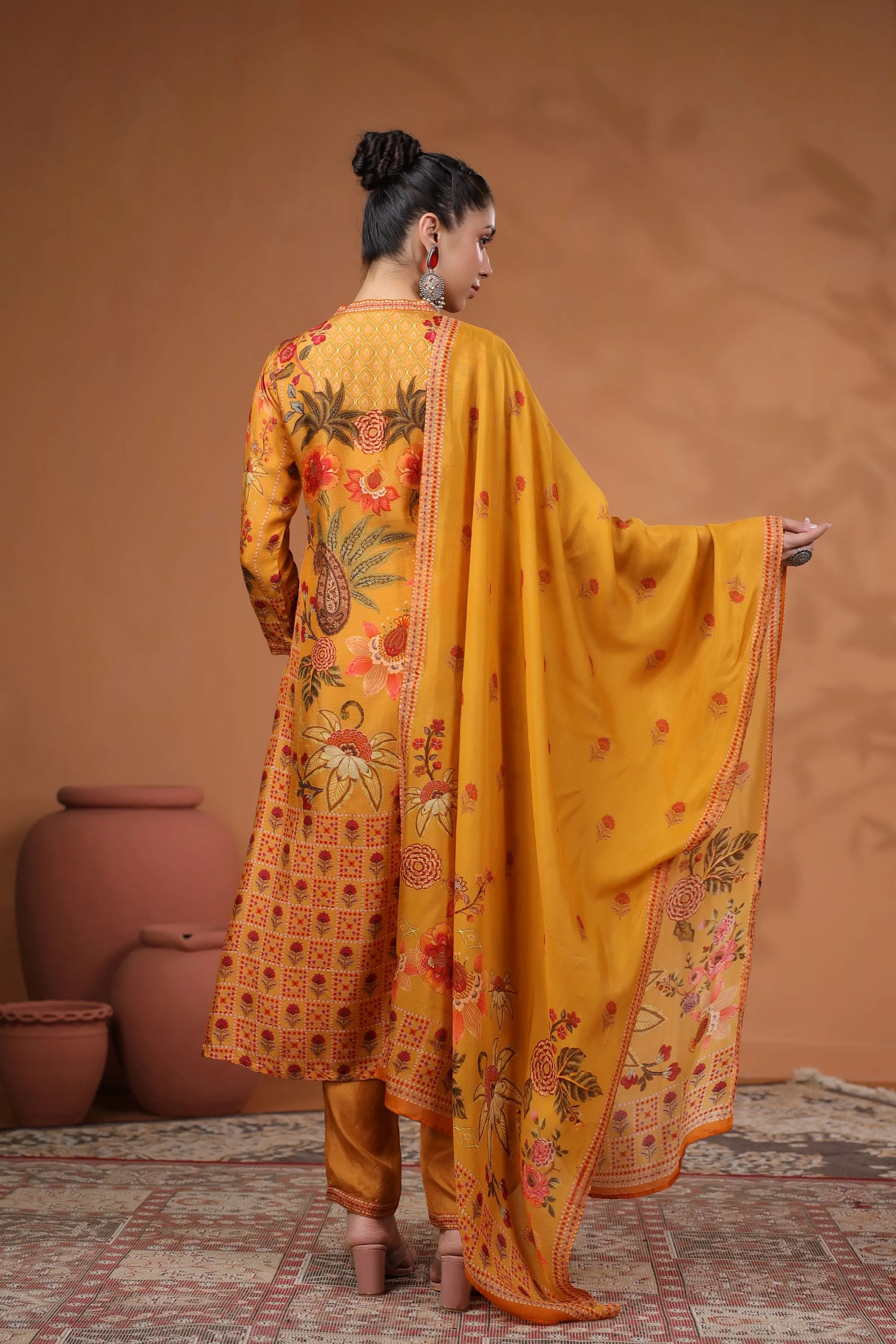 Mustard Traditional Printed Tussar Silk Pants Set