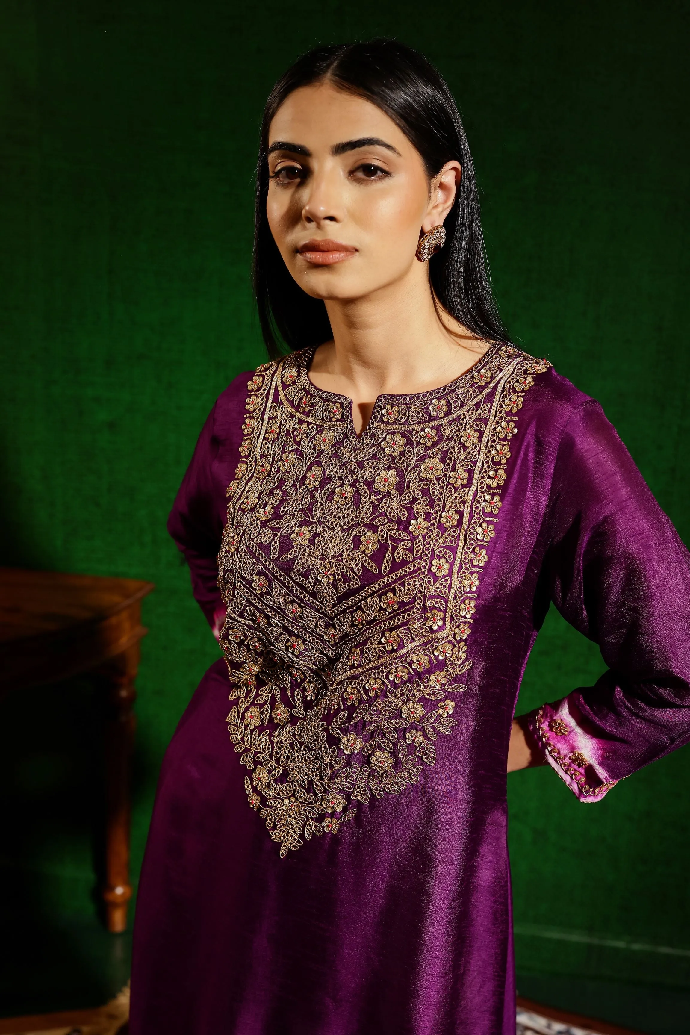 Purple Embroidered Raw Silk Kurta Set