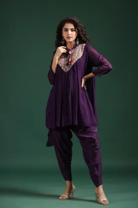 Purple Embroidered Tunic With Dhoti Pants