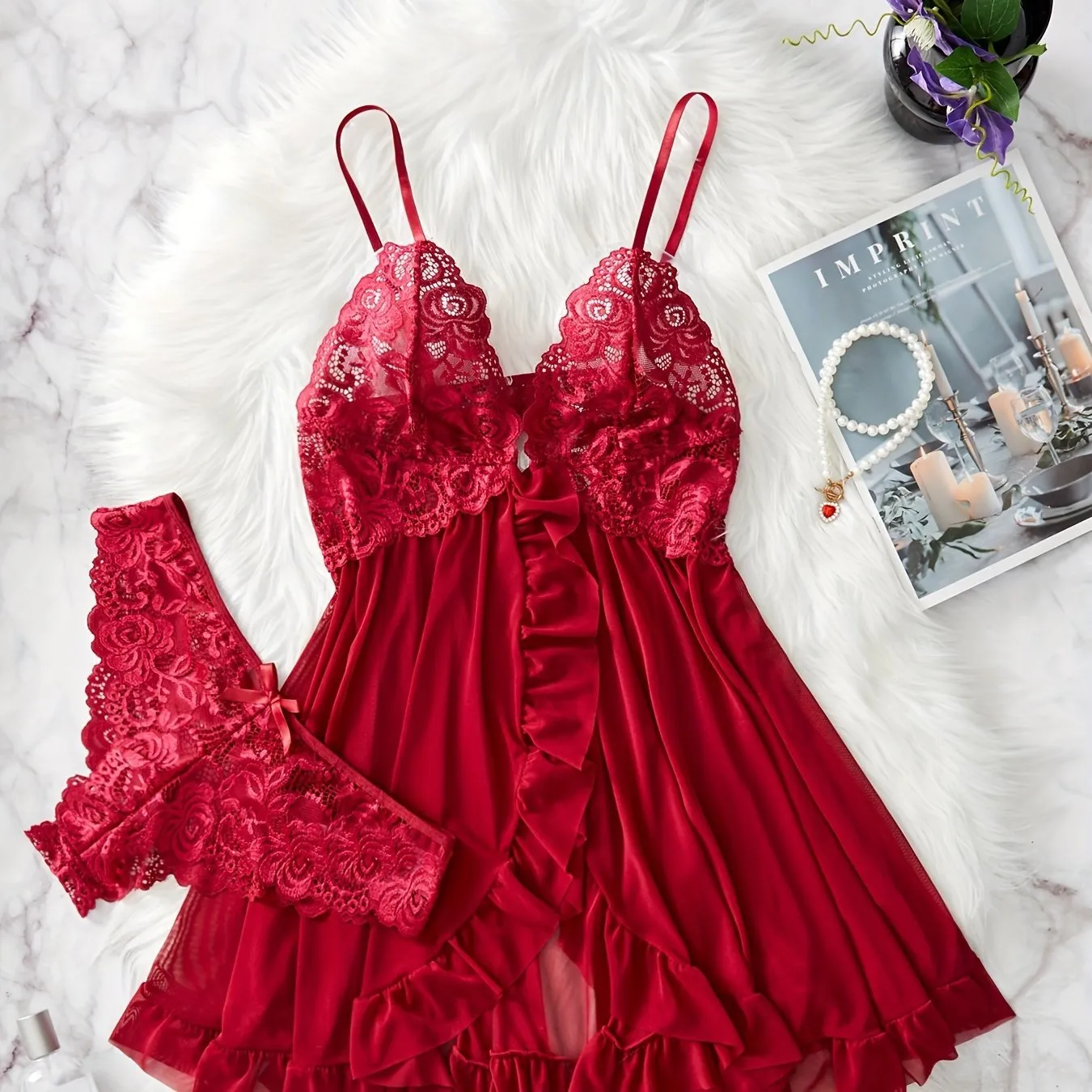 Seductive Contrast Lace Ruffle Trim Lingerie Set | Deep V-Slip Dress & Thong