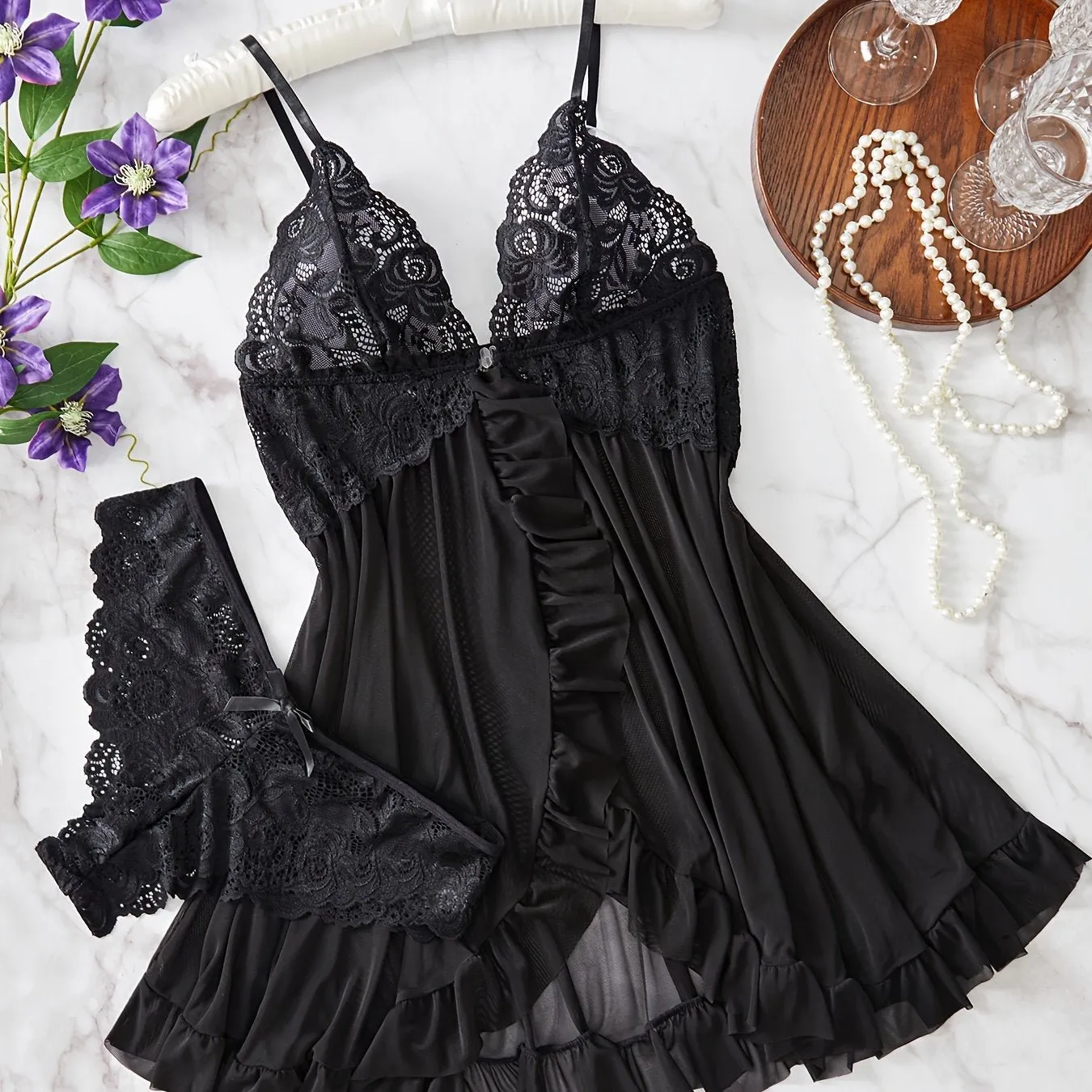 Seductive Contrast Lace Ruffle Trim Lingerie Set | Deep V-Slip Dress & Thong