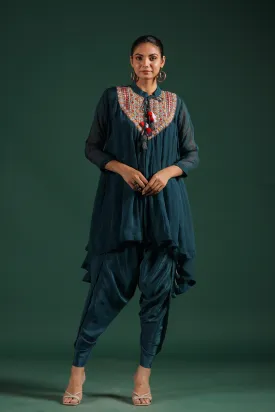 Teal Blue Embroidered Tunic With Dhoti Pants