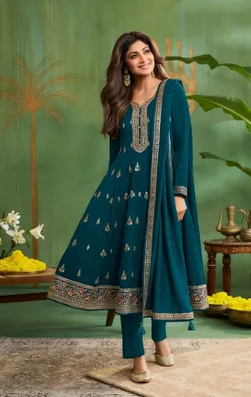 Teal Embellished Raw Silk Anarkali Set